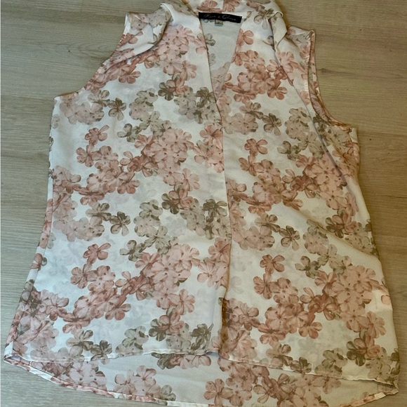 Rose & Olive Floral Deep Slit Blouse Medium Sheer Boho Style - Like New - Picture 4 of 13